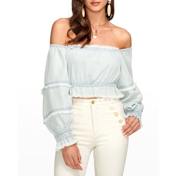 Ramy Brook Charli Off-Shoulder Chambray Crop Top XS - Picture 1 of 7